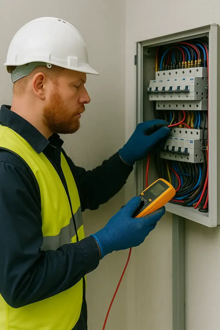 Eletricista trabalhando em quadro de disjuntores