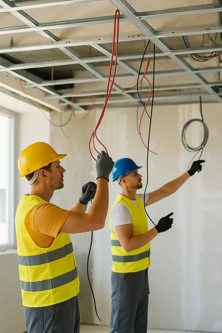 Dois eletricistas trabalhando na instalação elétrica de uma obra